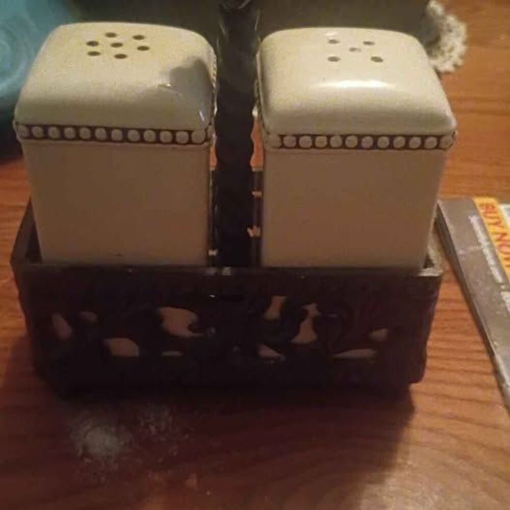 Vintage Ceramic Salt and Pepper Shaker Set with Metal Caddy
